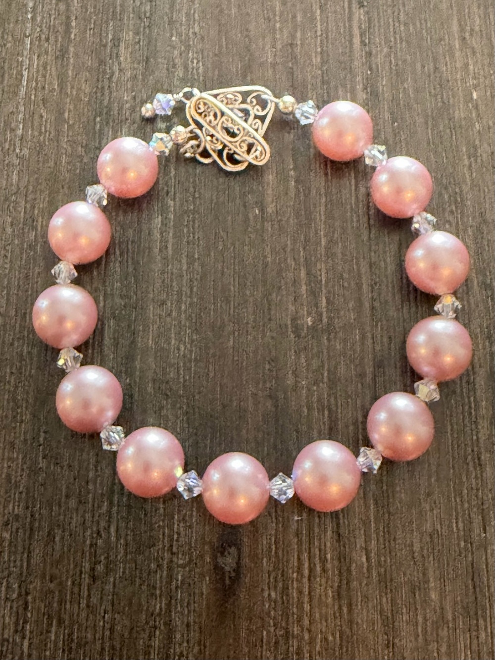 Vintage Style Pink Faux Pearl Beaded Bracelet Clear Crystal Bicones Toggle Clasp